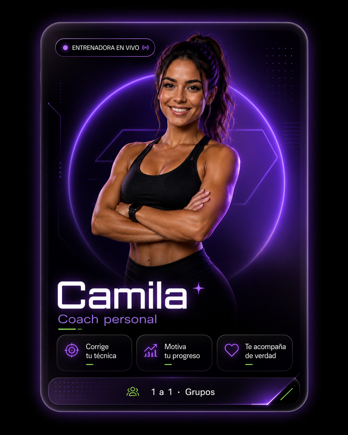 Camila, coach personal — entrenadora en vivo que corrige tu técnica, motiva tu progreso y te acompaña