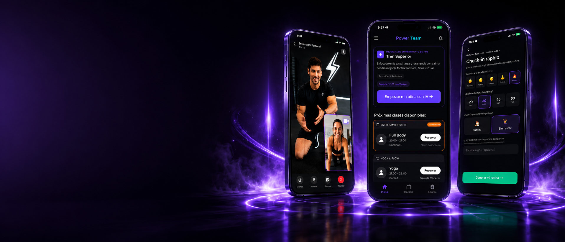 App Power Team: entrenador en vivo, rutina con IA y check-in
